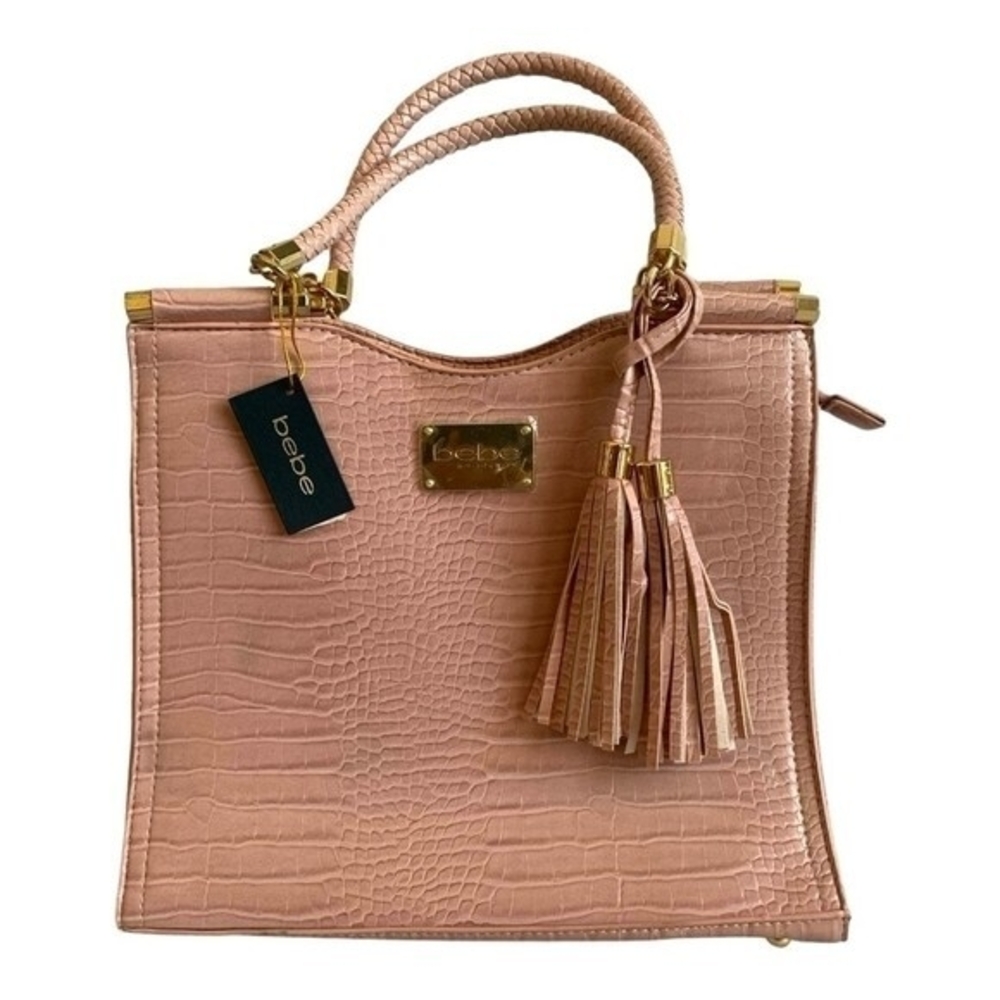 Bebe Natalie Dusty Pink Croco Faux Leather Satchel Tote Bag NWT - Picture 4 of 8